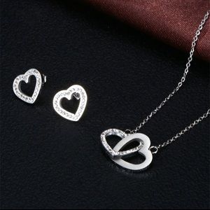 Double heart-shaped diamond stainless steel necklace and earrings
